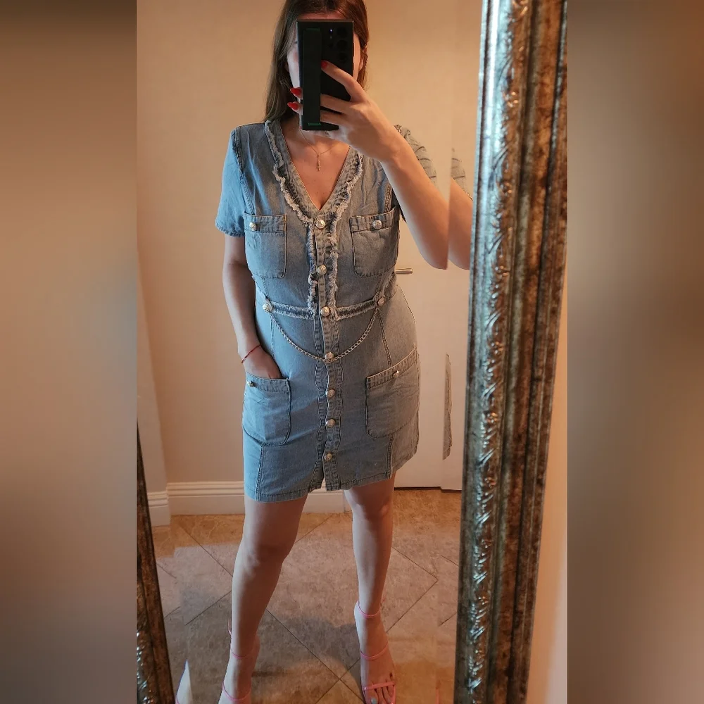 Denim mini dress with silver chain belt